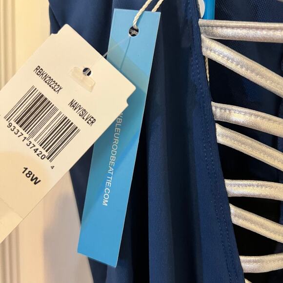 Bleu Rod Beattie Knotty Lace Down One-Piece Swimsuit Navy/Silver Size 18W NWT - Picture 11 of 12